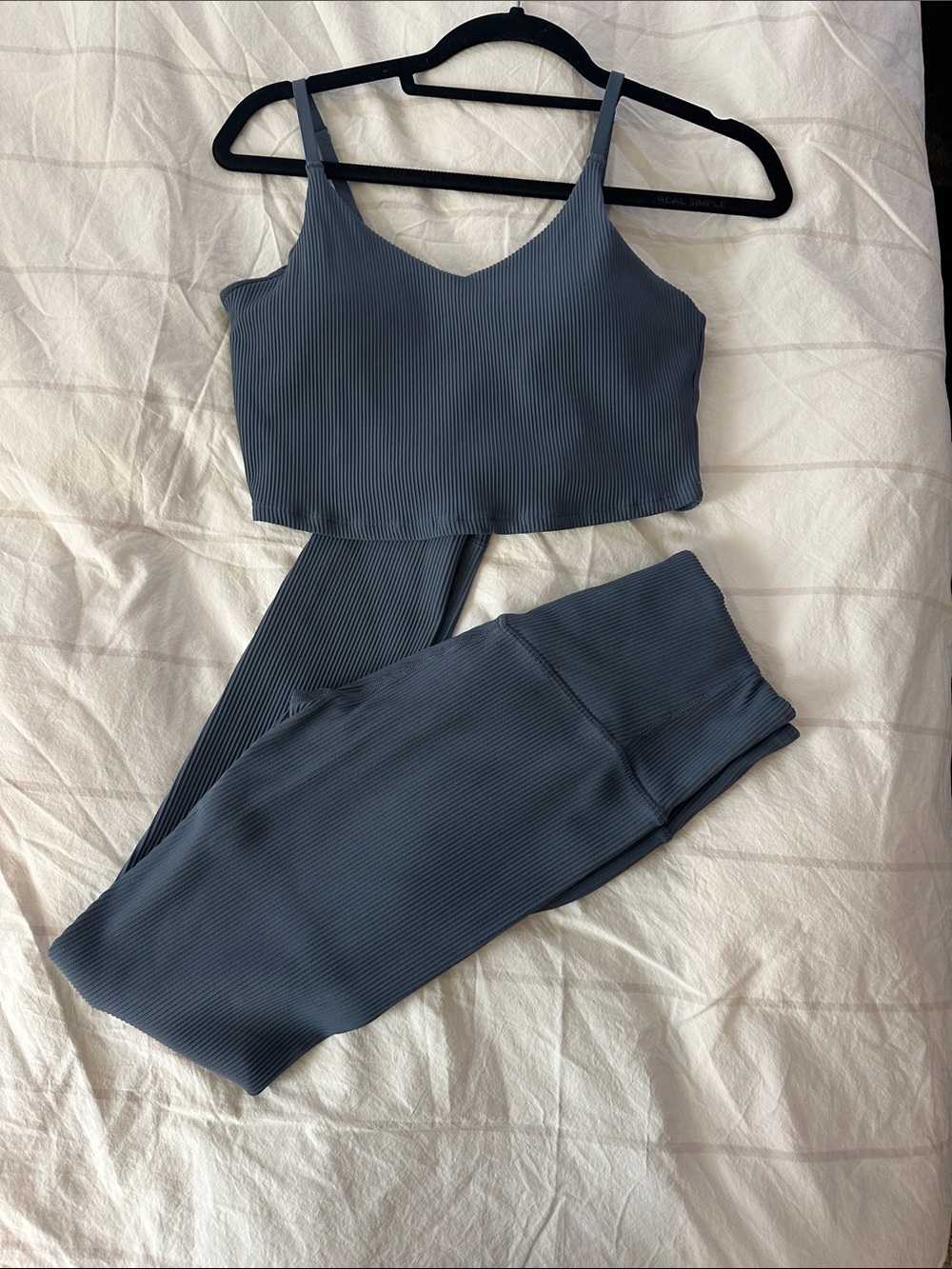 Athleta Ribbed V-Neck Crop Top & High-Waist Legging Set - Slate Blue